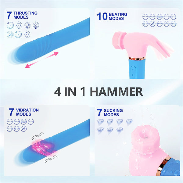 4IN1 Sucking & Thursting & Vibrating & Licking Hammer Vibrator Pink