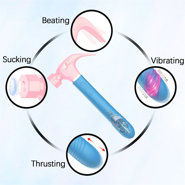 4IN1 Sucking & Thursting & Vibrating & Licking Hammer Vibrator Pink