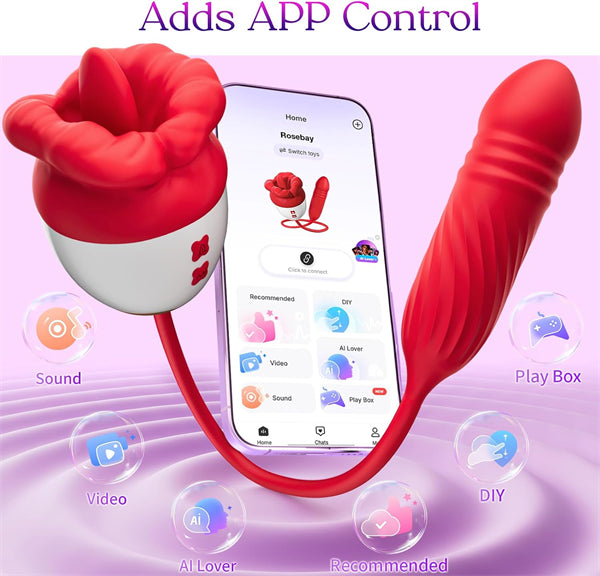 AI App Controlled Rose Toy Vibrator with Tongue Licking Thrusting & G-Spot Stimulation