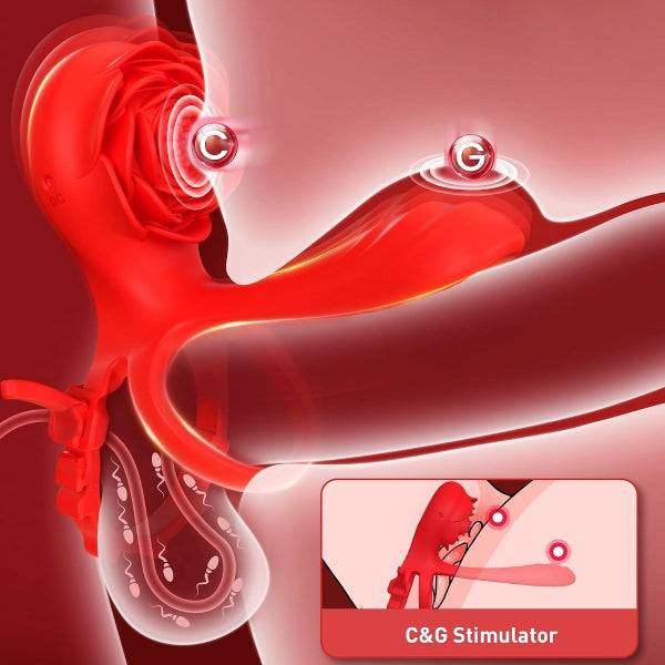 Adjustable Vibrating Cock Ring with Penis Sleeve and Rose Clitoral Stimulator