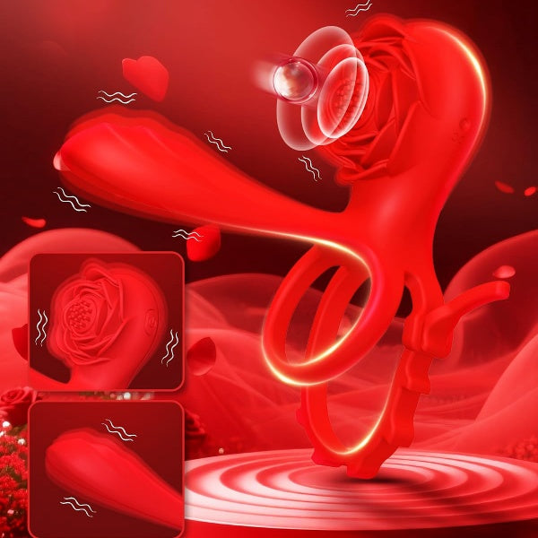 Adjustable Vibrating Cock Ring with Penis Sleeve and Rose Clitoral Stimulator