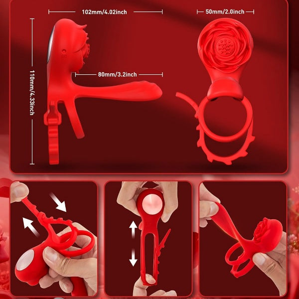 Adjustable Vibrating Cock Ring with Penis Sleeve and Rose Clitoral Stimulator