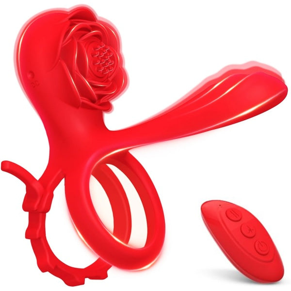 Adjustable Vibrating Cock Ring with Penis Sleeve and Rose Clitoral Stimulator